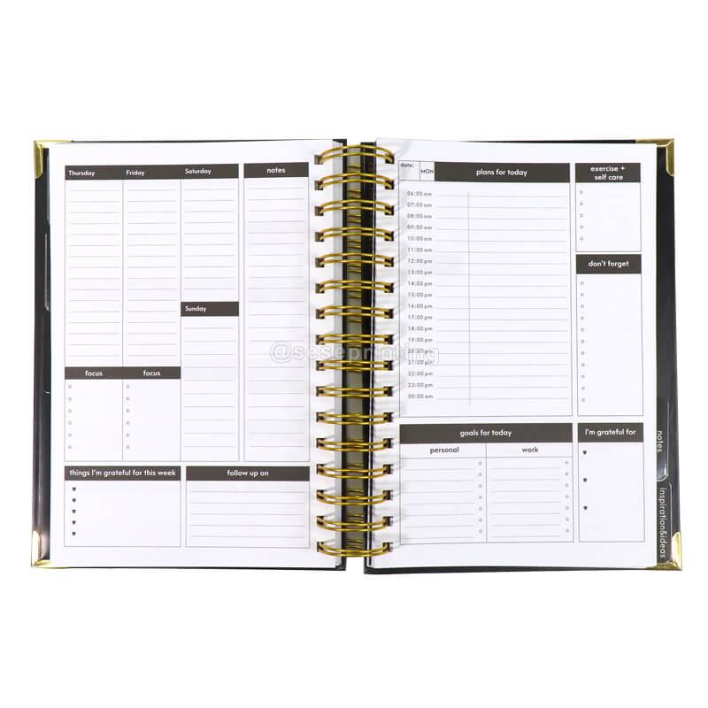 Custom Logo Goal Journal Daily Agenda Planner A5 Black Spiral Notebook Workbook